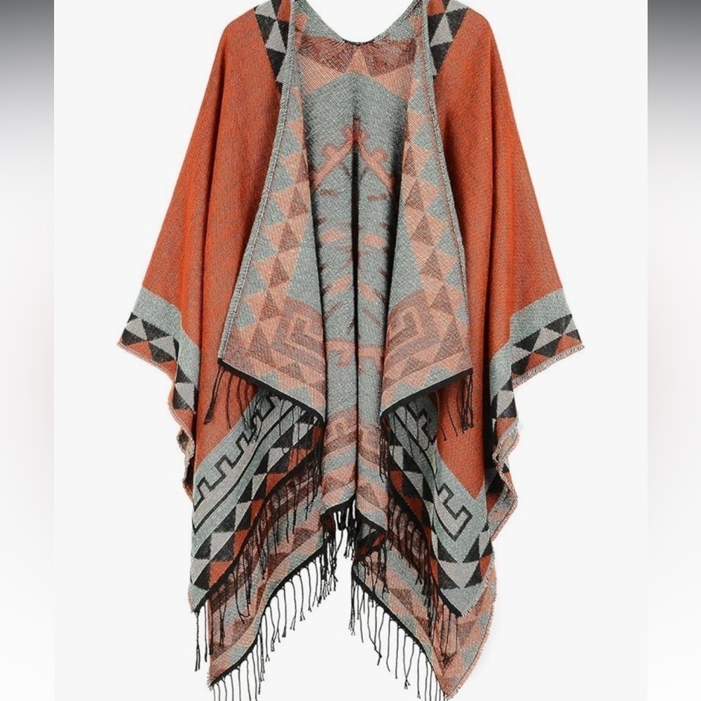 Moss Rose Southwest Aztec Blanket Wrap Shawl Poncho Burnt Orange Gray OS NWT - Picture 3 of 8